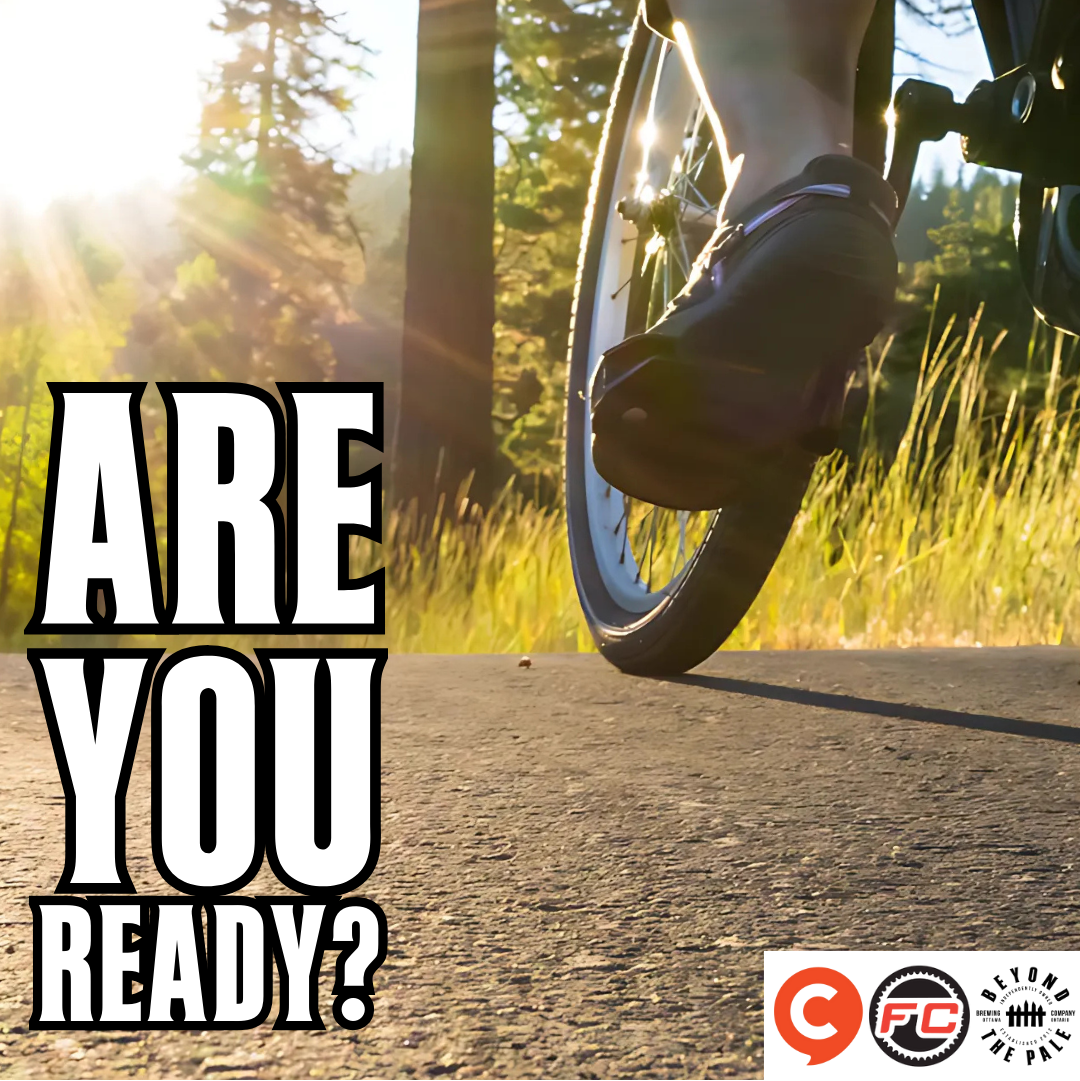 Person riding a bike on a trail with text 'Are You Ready?' and logos in the background.