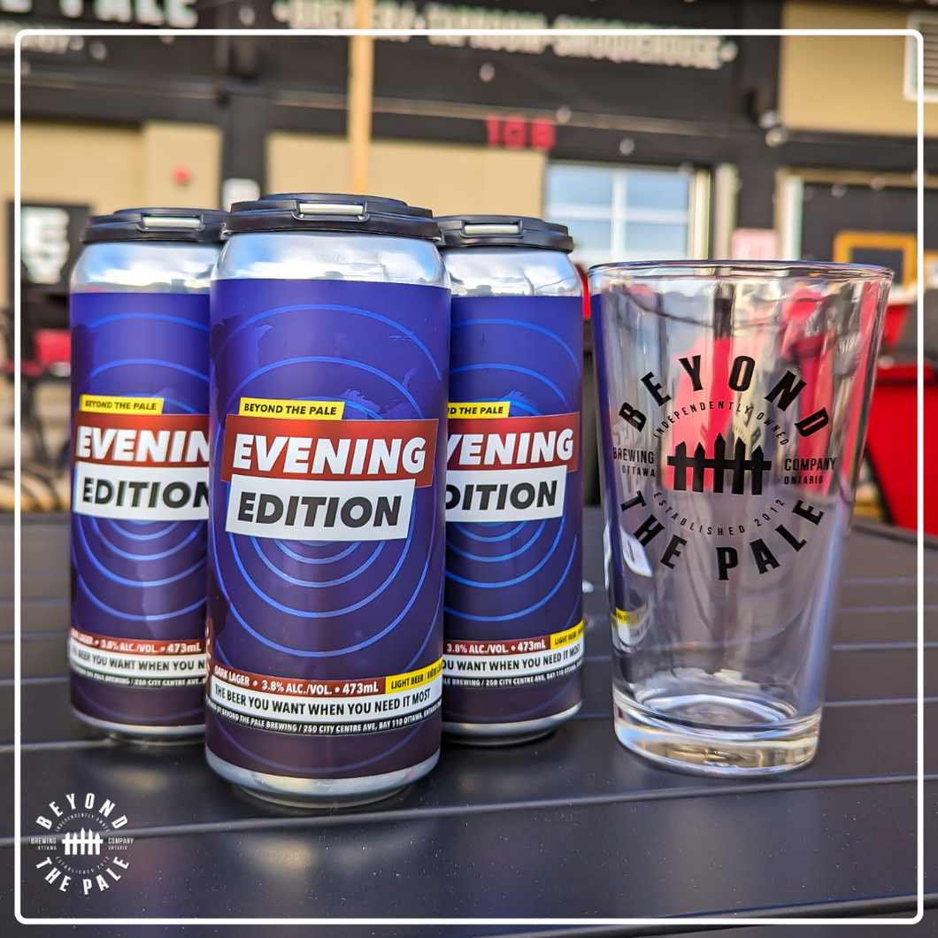 Patio Special - 4 cans of Evening Edition with a free glass